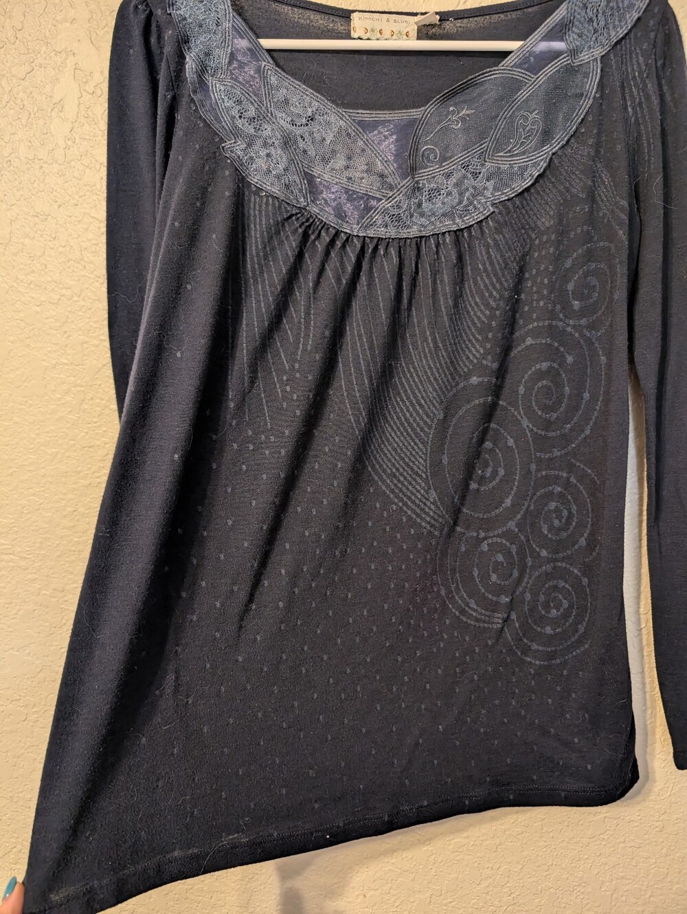 UO Kimchi Blue Navy Lace Burnout Long Sleeve Tee, Size Small